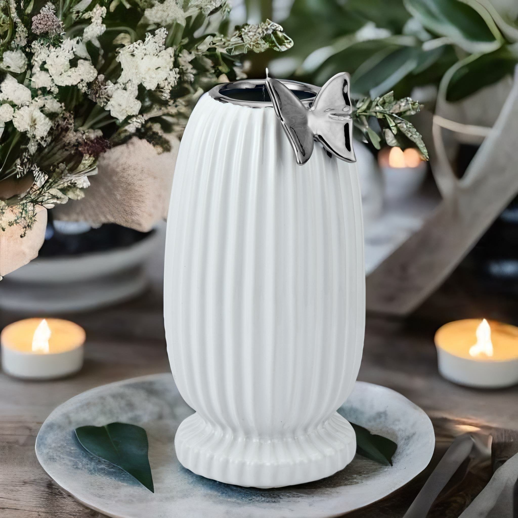Butterfly Tumbler Ceramic Vase (White & Silver)