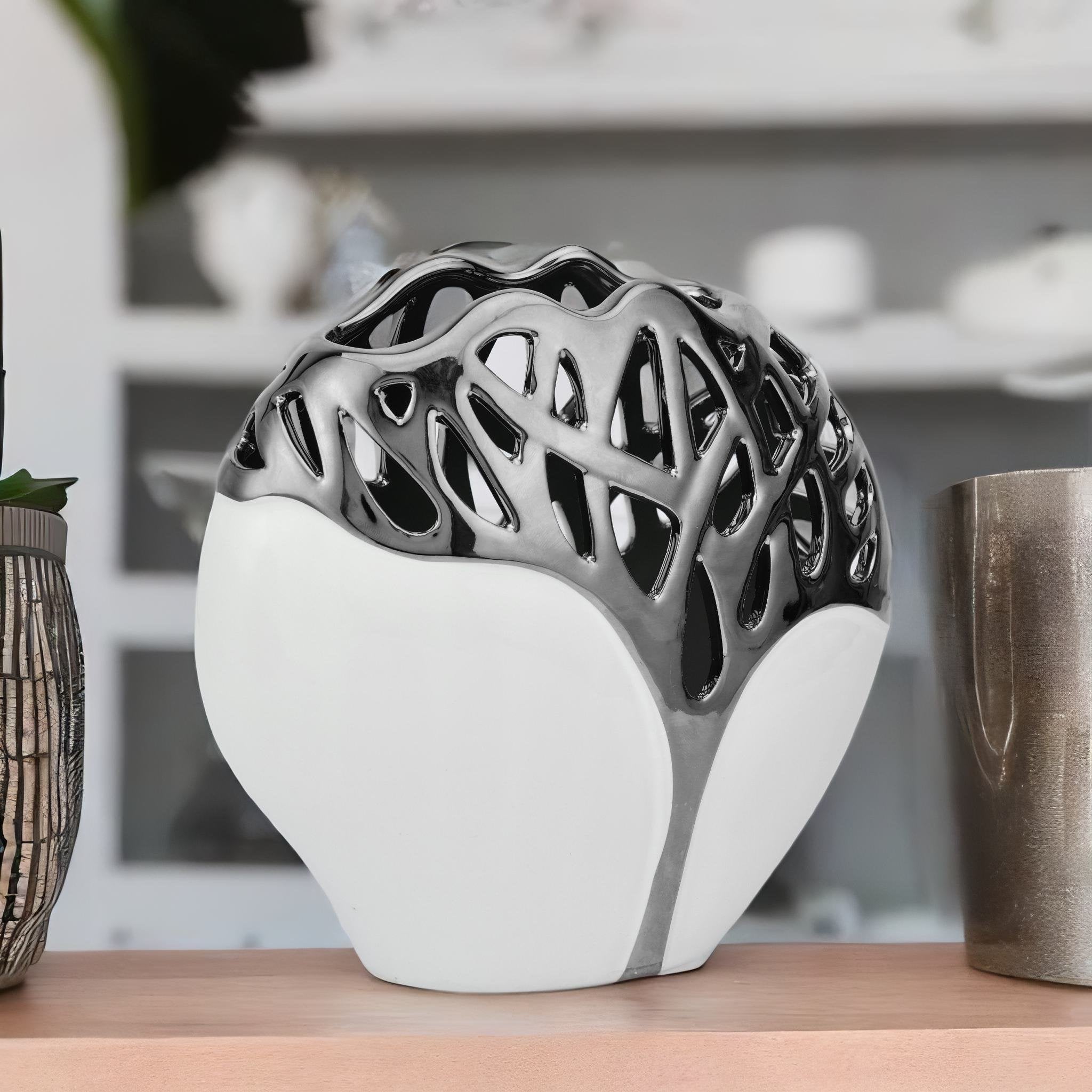 Tree Branch Oval Ceramic Vase (White & Silver)