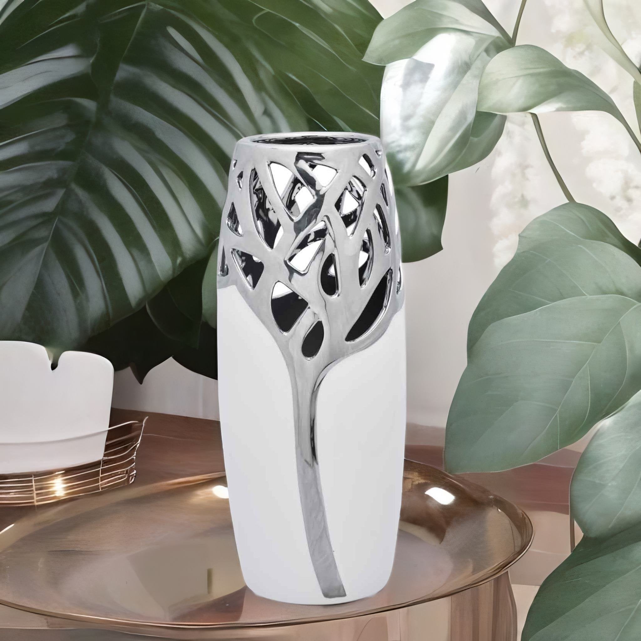 Tree Branch Tumbler Ceramic Vase (White & Silver)