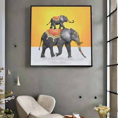 Elephant With Baby Painting (Mustard & Grey)
