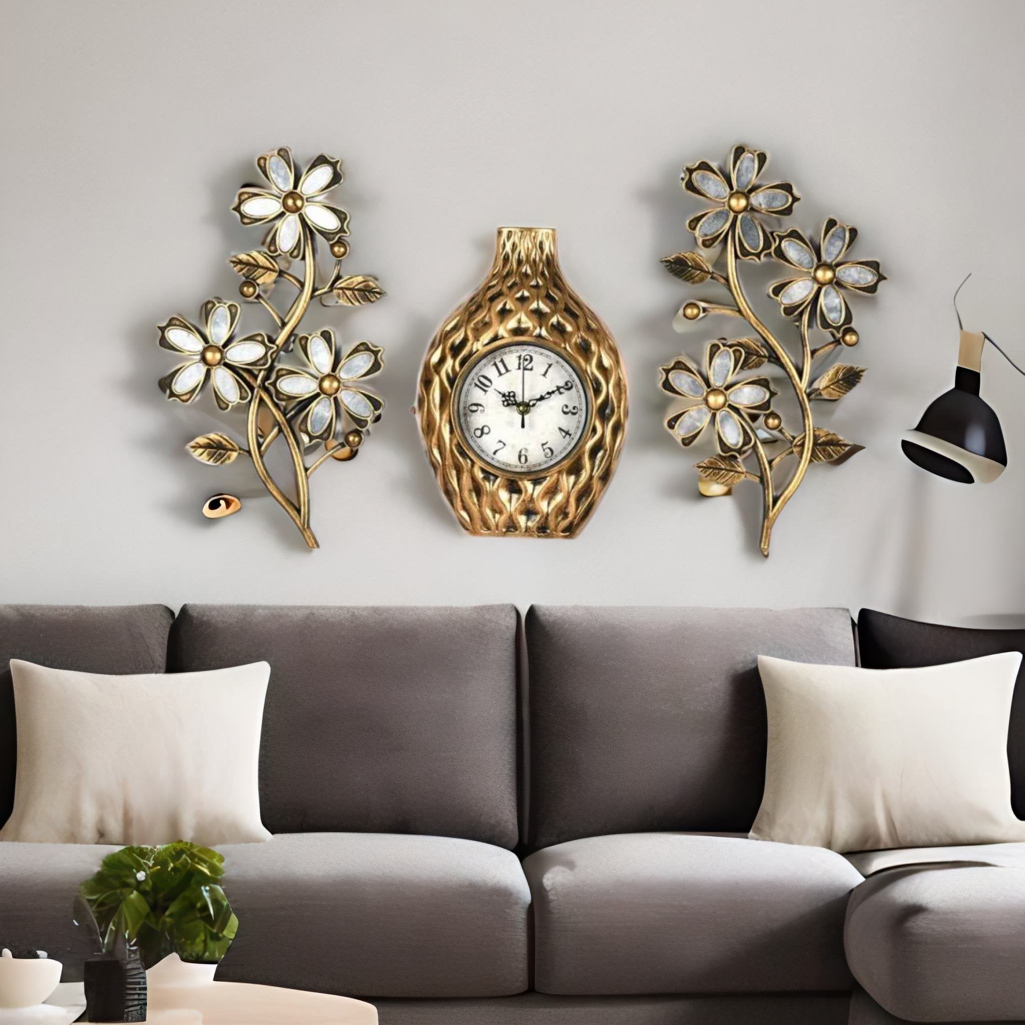 Flora Wall Clock & Vase Combo Set of 3 (Gold)