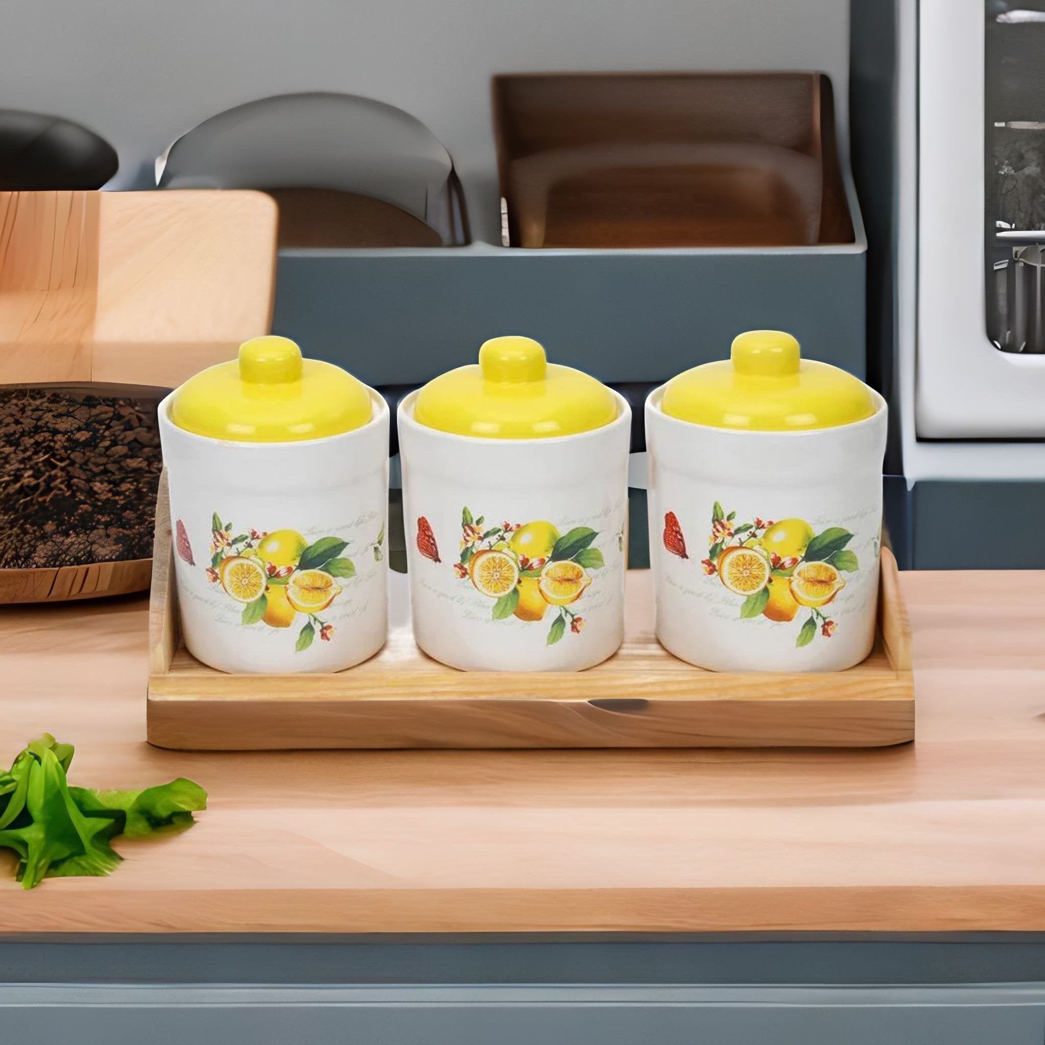 Ceramic Set Of 3 Jars With Wooden Tray (Yellow)