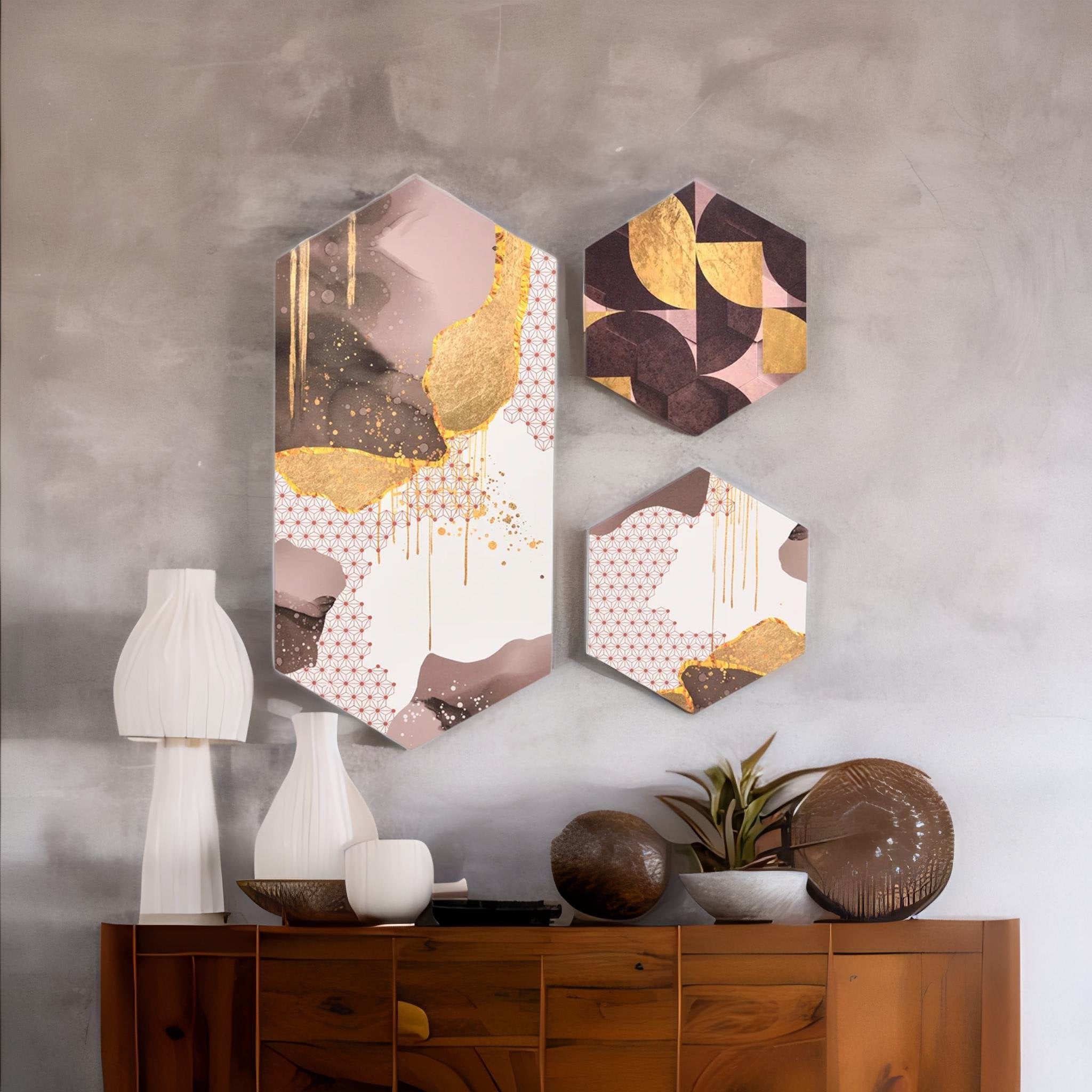 Buy Ornate Hexagonal Painting Set of 3 (Brown & Gold) Online- At Home by  Nilkamal