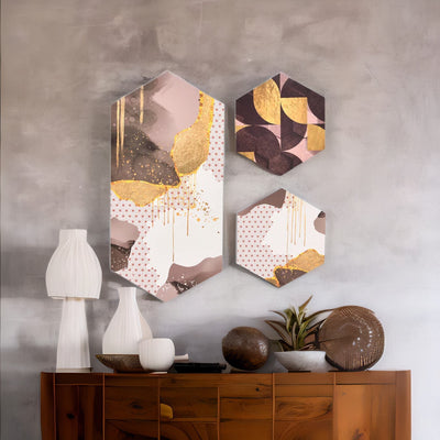 Ornate Hexagonal Painting Set of 3 (Brown & Gold)