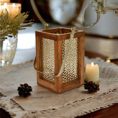 Decorative Metal & Wooden Hanging Lantern (Brown & Gold)
