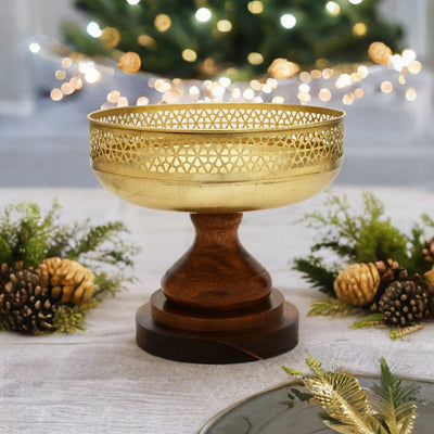 Decorative Wooden & Metal Sphere Urli with Stand (Brown & Gold)