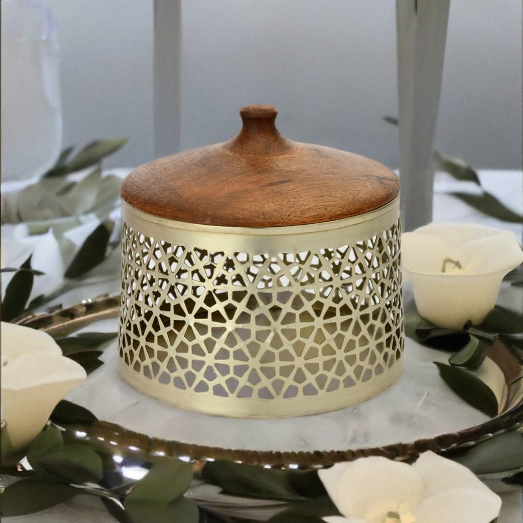Jali Jar With Lid Metal & Wooden Candle Stand (Brown & Gold)