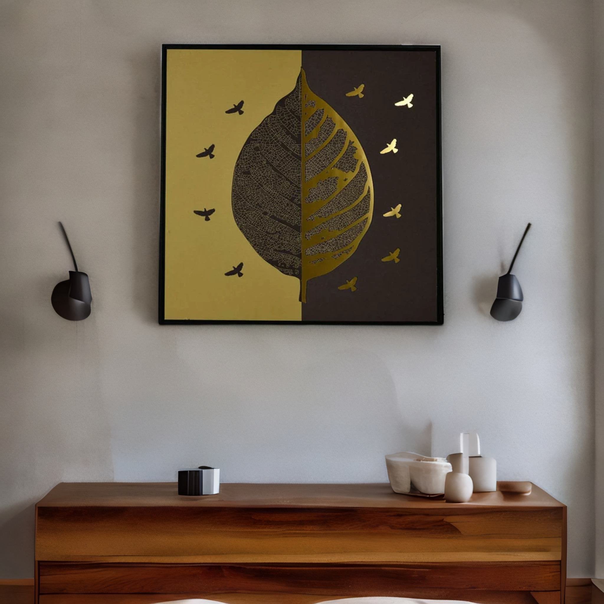 Leaf With Birds Painting (Gold)