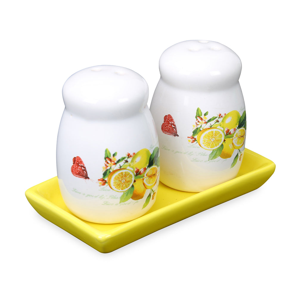 Ceramic Salt & Pepper Container with Tray (Yellow)