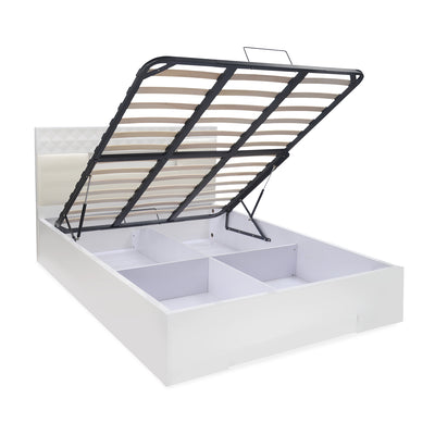 Theia High Gloss Queen Bed With LED light Headboard & Hydraulic Storage (White)